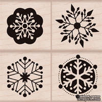 Набор резиновых штампов Hero Arts - Four Snowflake, на деревянном блоке, 4 штуки