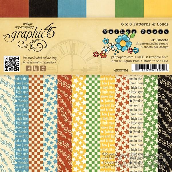 Набор двусторонней скрапбумаги Graphic 45 - Mother Goose - Paper Pad - 6x6 Patterns фтв Solids, 15х15 см, 36 листов - ScrapUA.com
