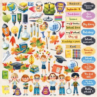 Аркуш з картинками для вирізання. Набір Back to School - ENG, ТМ Фабрика Декору