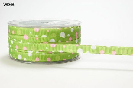 Стрічка Grosgrain/bubble dot, колір Parrot Green/Pink/White, ширина 9,5мм, довжина 90 см