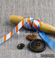 Лента American Crafts в диагональную голубую, белую, оранжевую полоску, ширина 9,5мм, 90 см