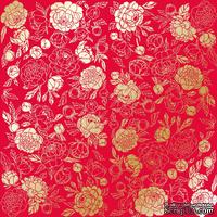 Аркуш одностороннього паперу з фольгуванням, дизайн Golden Peony Passion Poppy red, 30,5см х 30,5см, ТМ Фабрика Декору