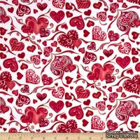 Ткань 100% хлопок - Сердечки узоры красные на белом, 45х55 см