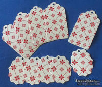Набор тэгов из  белого картона с красным принтом  "Орнамент с ромбами", 260 г/м2, 10 штук, 85х45мм и 55х45мм